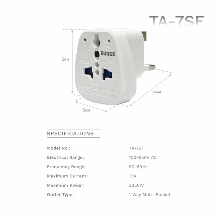 SOUNDTEOH TA-7SF 13A TRAVEL ADAPTOR W/SURGE PROTECTOR