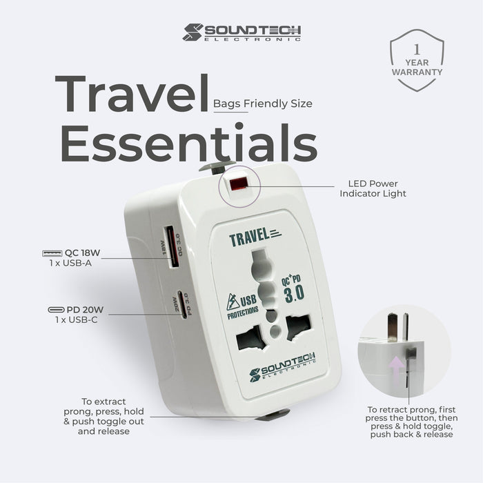 SOUNDTEOH TA-670 TLRABEL ADAPTOR WITH USB-A + C QUICK CHARGER
