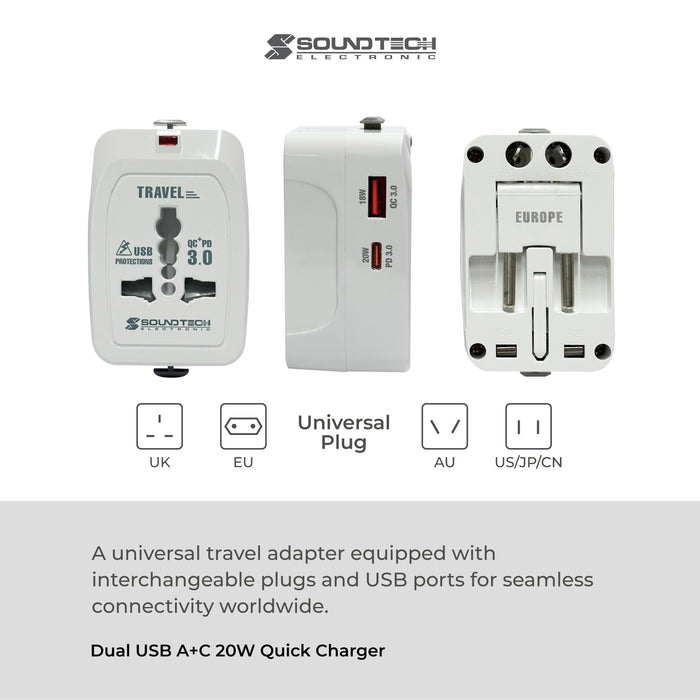SOUNDTEOH TA-670 TLRABEL ADAPTOR WITH USB-A + C QUICK CHARGER