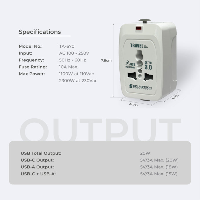SOUNDTEOH TA-670 TLRABEL ADAPTOR WITH USB-A + C QUICK CHARGER